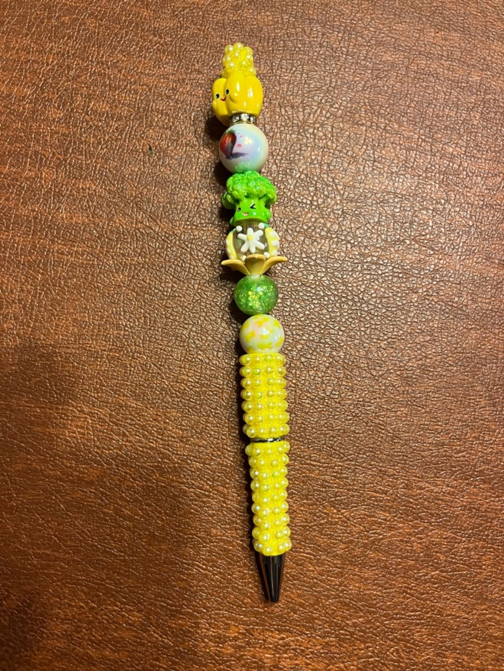 Handmade Yellow Beaded Charm Pen with Green Accents